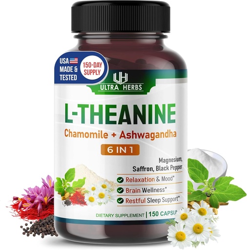 [BRSROGTYOAJRY3A4] L-Theanine Suplemento - 6 IN 1 Complejo Enriquecido con Magnesio, Ashwagandha, Saffron, Chamomile - Apoyo Relajación, Calmness &amp; Sleep Quality ← 150 Capsules