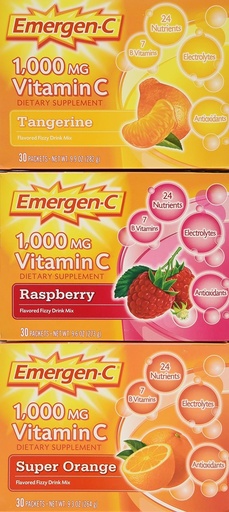 [BRSWIZQFOZ7RADI7] Emergen-C 1,000 mg Vitamin C Dietary Supplement Drink Mix, Super Orange/Raspberry/Tropical, 90 Packets, Net Wt. 28.5 oz.