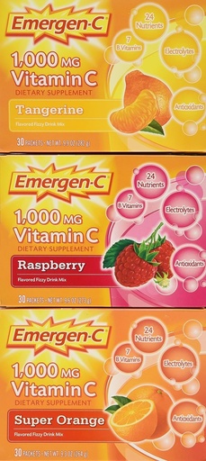 [BRSWIZQFOZ7RADI7] Emergen-C 1000 mg Vitamine C Dieetsupplement Drinkmix, Super Orange/Raspberry/Tropical, 90 Packets, Net Wt. 28,5 oz.