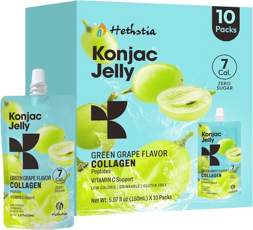 [BRSRAEIOOACGAYLF] Hethstia Konjac Jelly Green Grape Flavor, 10 Pouches, Bebable Grape Jelly with Collagen Peptides, 7 Kcal, Sugar Free, Gluten Free, Keto, Vegan, On-The-Go Chewy Light Snacks