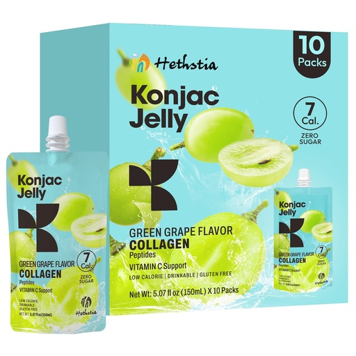 [BRSRAEIOOACGAYLF] Hethstia Konjac Jelly Green Grape Flavor, 10 Pouches, Drinkable Grape Jelly with Collagen Peptides, 7 Kcal, Sugar Free, Gluten Free, Keto, Vegan, On-the-Go Chewy Light Snacks