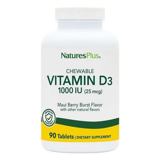 [BRSWIYAACEJRQG34] NaturesPlus Vitamin D3 (1000 IU) - 90 Chewable Tablets, Maui Berry Burst Flavor - Vegetarian, Gluten Free - 90 Servings