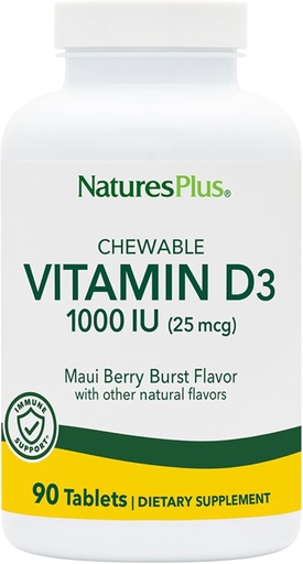 [BRSWIYAACEJRQG34] NaturesPlus Vitamina D3 (1000 UI) - 90 Tabletas Chewable, Maui Berry Burst Flavor - Vegetariano, Gluten Gratis - 90 Servimientos