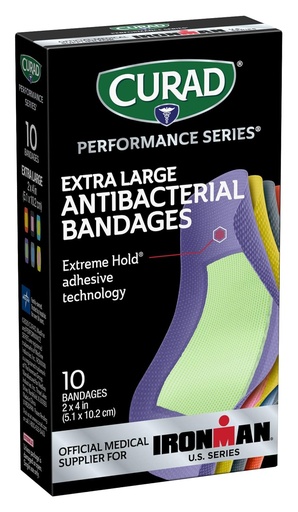 [BRSWYFLQB4CAYCTH] CURAD Performance Series IRONMAN Antibacterial Bandages, Extreme Hold Adhesive Technology, Extra Large Flexible Fabric Bandages for Cuts, Scrapes, & Burns, Assorted Colors, 2 x 4 inches, 10 Count