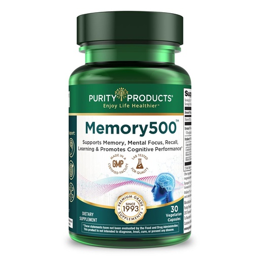 [BRSWIGY6BZ4B6DDA] Purity Products Memory500 Bacopa monniera/Brahmi Elite Nootropic Complex - Supports Peak Cognitive Performance*, Increased Learning Speed* and Healthy Memory & Recall* - 30 Vegetarian Caps