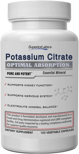 [BRSWICYMOQHWCGDG] Superior Labs Potassium Citrate 100 mg, Pure Non-GMO Electrolyte Mineral, Additive-Free, Kidney Stone & pH Support, Muscle Cramp Relief, Heart & Nerve Function, Alkalizing Balance, 120 Veg Caps
