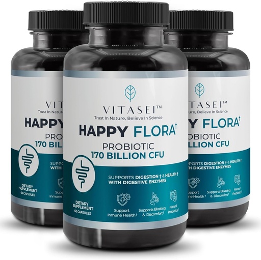 [BRSRAYAFBEPBOALO] VITASEI Happy Flora, Probiotic Supplement 170 Billion CFU for a Healthy Gut Health with enzymes for Digestion, probiotics for Women and Men, 3 Bottle - 180 Capsules