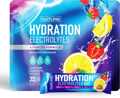 [BRSROHYQPNYAMG3V] Electrolytes Powder Hydration Packets – Recovery Drink Mix with Sodium, Potassium, Magnesium, Calcium, Vitamin C & Zinc – Sugar Free, Keto, Non GMO & Vegan – Strawberry Lemonade – 32 Sticks