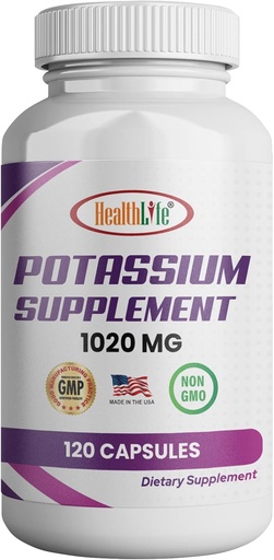 [BRSRAZIYBANA2FLP] HealthLife Potássio Suplemento, 1020 mg,60 Servings, 120 caps, Bicarbonato de potássio