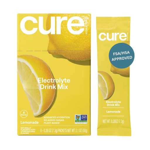 [BRSWYAQEPIMQIG3L] Cure Hydration | Plant-Based Electrolyte Drink Mix | No Added Sugar | FSA-HSA | Dehydration Relief Powder Made with Coconut Water | Non-GMO | Vegan | Box of 8 Packets - Lemonade