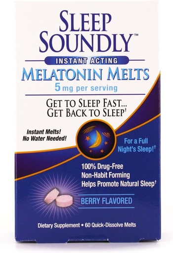 [BRSWIFIGBAIRYGT6] Schlaf Soundly Melatonin Melts 5 mg Berry Flavor, Nacht Schlafhilfe für Erwachsene, Fast Acting Sleep Formula, 60 Count, Weiß