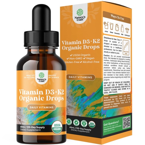 [BRSWYCAZOEBGOGQ4] Natures Craft Liquid Vitamin D3 with K2 for Adults - Organic Drops 2000IU per Serving Vegan Bone Muscle Heart & Immune Support MCT Oil Enhanced Absorption - 2Fl Oz (Pack of 1)