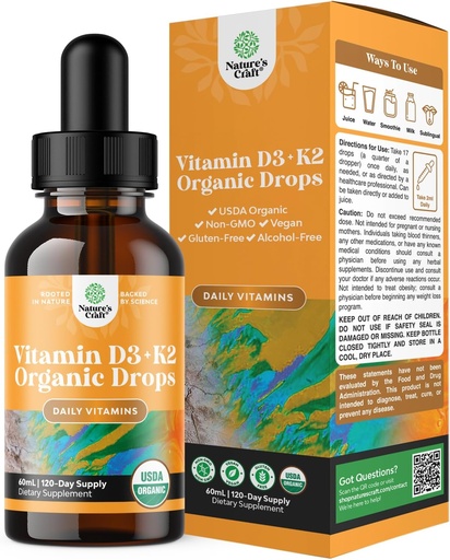 [BRSWYCAZOEBGOGQ4] Natures Craft Liquid Vitamin D3 with K2 for Adults - Organic Drops 2000IU per Serving Vegan Bone Muscle Heart &amp; Immune Support MCT Oil Enhanced Absorption