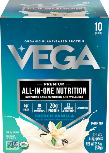 [BRSWG2YDAF7RGF37] Vega Organic All-in-one Vegan Protein Powder, Baunilha Francesa -Ingredientes Superalimentares, Vitaminas para o apoio à imunidade, Keto Friendly, Proteína de Ervilha para Mulheres e Homens, 13,5 oz (Pacote de Maio Vary)