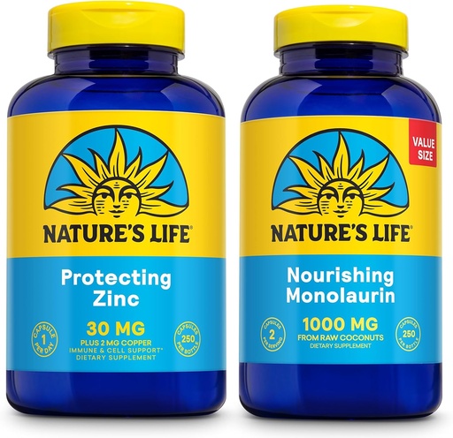 [BRSROBQBDJ5QE3QZ] Nature's Life Nourishing Monolaurin 1000 mg 250ct ve çinko Picolinate 30 mg 250ct - Gut Health and Immune Support Supplements - Monolaurin from Raw Coconuts, Chelated çinko - 60-Day Garanti
