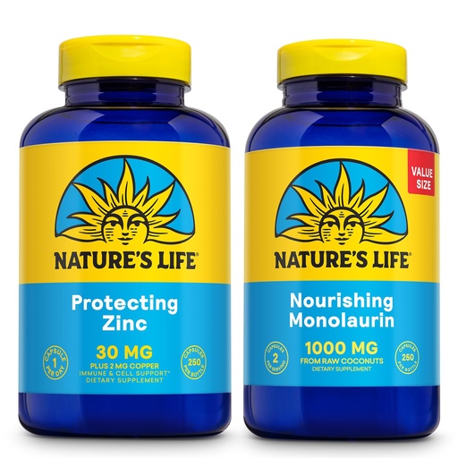 [BRSROBQBDJ5QE3QZ] Nature's Life Nourishing Monolaurin 1000mg 250ct and Protecting Zinc Picolinate 30mg 250ct - Gut Health and Immune Support Supplements - Monolaurin from Raw Coconuts, Chelated Zinc - 60-Day Guarantee