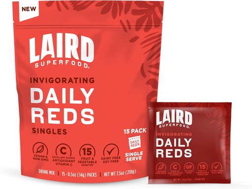 [BRSRA2T3O4FWODL3] Laird Superfood Antioxident Daily Reds Powder, Free Radical Fighting Blend, Vitamin C, Manganese, 2 Servings of Fruits and Vegetables Per Serving, 15 Pack