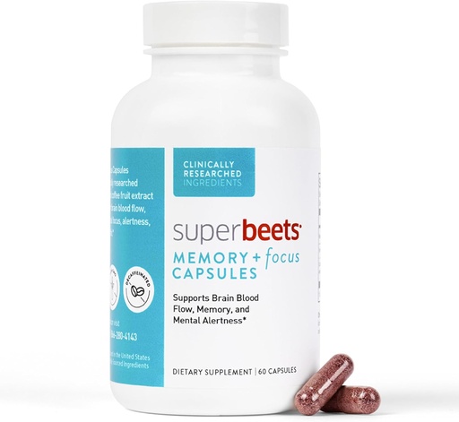 [BRSROZIQCEPWKELX] HumanN SuperBeets Memory & Focus Brain Supplement Capsules – Mental Alertness – 임상적으로 Studied Nootropics, Resveratrol Plus Beet Root Powder, Sugar-Free, 60 카운트