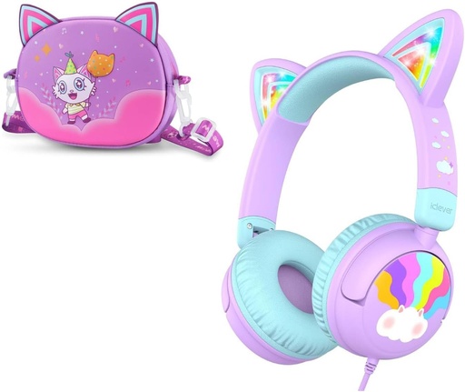 [BRSRA2YOCUDQKEYY] iClever Wired Kids Headphones Cat Ear Meow Lollipop & Headphones Case Bundles