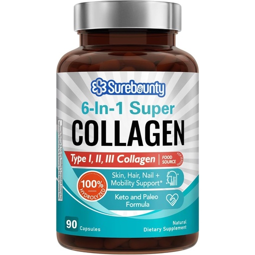 [BRSW22YECN7WM336] Multi Collagen Complex, Type I, II, III, 6-in-1 Super Collagen with Vitamin C, Hyaluronic Acid, Biotin, Turmeric, Black Pepper, Keto, 90 Capsules