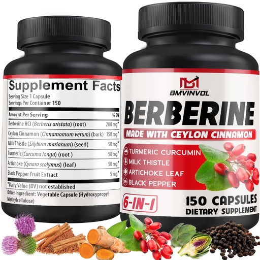[BRSRA2QLBUNGE33A] Berberine HCl, 150 Capsules - Plus Ceylon Cinnamon, Turmeric, Milk Thistle, Artichoke, Black Pepper, Berberine HCI Root Supplements Pills - Immune System