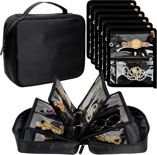 [BRSRAHQDC4JQ2DI4] Travel Jewelry Organizer Case,Jewelry Bags for Traveling, Jewelry Binder with 24 Pcs Clear Zipper Velvet Pouches for Storing Earrings, Rings, Necklace, Bracelet, Watch (Black)