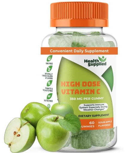 [BRSRMFQOBMPBG2DJ] Sour Apple Flavored Vitamin C Gummies Mega Dose - 1050 mg Vitamin C - Boosts Immune System and Supports Heart Health - Great Tasting and Easy to Swallow