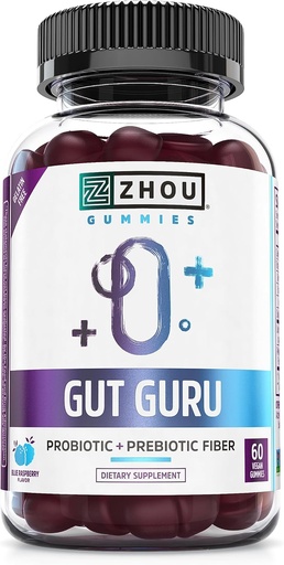 [BRSWYBI5BMHGOYLF] Zhou Gut Guru - Gut Health Gummies for Men and Women, Prebiotic and Probiotic Fiber Supplement for Digestion and Gut Health - 60 Vegan Gummies