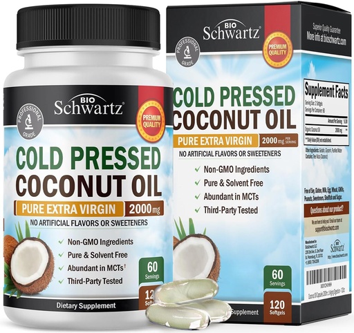 [BRSWKFQFCEPAYD32] Coconut Oil Capsules 2000mg - Organic Pure Extra Virgin Unrefined Cold Pressed MCT Rich & Non-GMO for Healthy Skin Nails Hair Growth Support Bloating Anti Aging Digestion - 120ct (2 Month Supply)