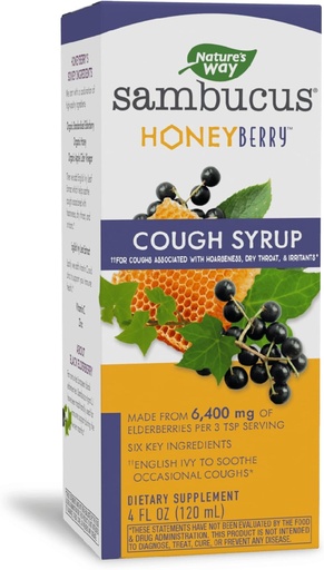 [BRSWYZIFBEIQOADV] Nature's Way Sambucus HoneyBerry Cough Syrup with Black Elderberry Extract & Organic Honey, Immune Support*, 4 Fl. Oz
