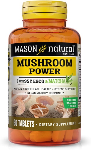 [BRSRMHY6AUBWACL4] MASON NATURAL Mushroom Power con 95% EGCG y Matcha, Fórmula de base vegetal con Shiitake, Maitake, Reishi, 60 Tablets