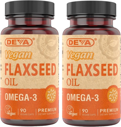 [BRSWIYYOAIDBYDY3] DEVAオーガニックビーガンビタミンフラックスシードオイル - Omega-3、冷間プレス&未精製 - 90カプセル、2パック