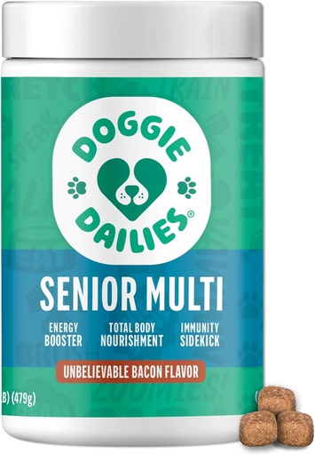 [BRSRMYYZAUHA2ETK] Doggie Dailies Senior Essentials Multivitamin for Dogs Soft Chews | Advanced Dog Multivitamin | Ortaklar, Skin & Coat, Digestion ve Immune System | Bacon Flavor | 120 Kont