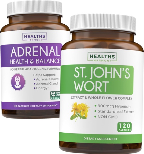[BRSRAZD3CNYAEALB] Adrenal & St. John's Wort (4-Month Supply) Mood Harmony Pack - Adrenal Support with L-Tyrosine (120 Capsules) & St. John's Wort with Powerfil 900mcg Hypericin 500mg per Capsule (120 Capsules)