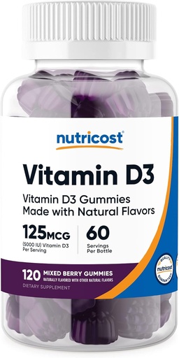 [BRSW22QBOB7RAE3O] Nutricost Vitamin D3 Gummies 5,000 IU (125mcg), 120 Gummies - Mixed Berry Flavored, 60 Servings