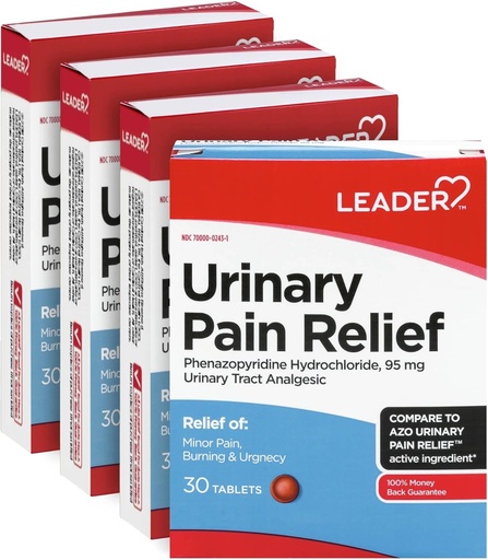 [BRSWG2T6BZ5A2CDJ] LEADER Urinary Pain Relief Maximum Strength, Fast Relief of UTI Pain, Burning & Urgency, Urinary Tract Infekzioa Relief, Phenazopyridine Hydrochloride 95 mg, 30 Tablets, 4-Pack