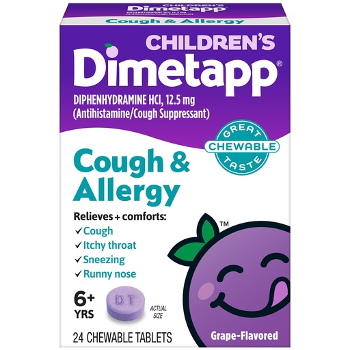 [BRSROCQOO4JWEA33] Children’s Dimetapp Fast-Acting Chewable Cough & Allergy Medicine, Antihistamine, Cough Suppressant, Grape Flavor, Relieves Cough, Itchy Throat, Sneezing & Runny Nose, 24 Chewable Tablets
