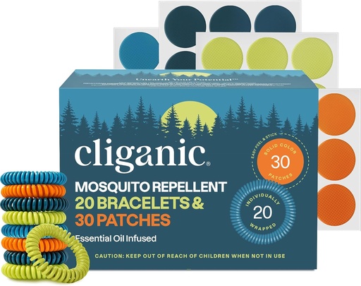 [BRSRA2Y6AQHAYE32] Confezione di adesivi per braccialetti Cliganic Mosquito per bambini e adulti Multi Color, Natural DEET-Free, Olio essenziale Infuso 20 bande con 30 patch, Citronella Scent (50)