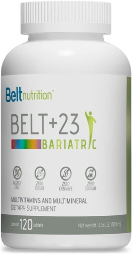 [BRSRMFALC4CRU3T6] Belt +23 Bariatric Multivitamin and Multimineral Tables (Gastric Bypass, Sleeve Gastrectomy) with Iron - No Flavor - 1 Month Supply