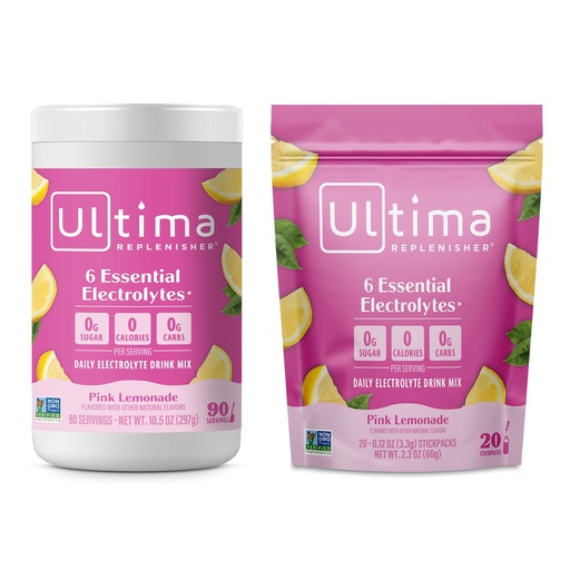 [BRSRMAQ6OUAQAC3Z] Ultima Replenisher Electrolyte Powder Drink Mix Bundle – Sugar Free – Pink Lemonade, 90 Serving Canister and 20 Stickpacks – 6 Electrolytes and Minerals – Keto Friendly, Vegan, Non-GMO
