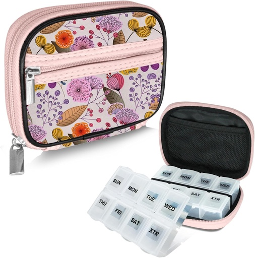 [BRSROGLYAQMAM3DH] Serfeymi Weekly Travel Pill Organizer Pill Case for Purse with Removable 7 Day Pil Box, Fashionable Travel Medical Organizer Pill Container for Medicine, Vitamin, Supplement - Bloom 03 + Pill Box