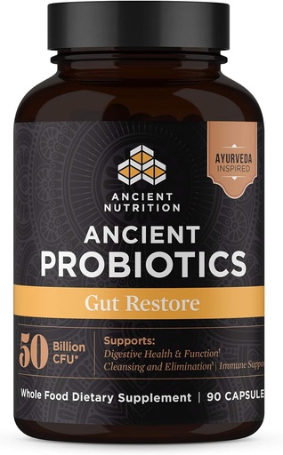 [BRSWGHYDC4CWOALU] Ancient Nutrition Probiotics, Gut Restore 90ct with Ginger and Fenugreek, Supports Digestive Functions, Reduces Diarrhea, Constipation, Gas and Bloating, Superfoods Blend, 50 Billion CFUs*/Serving