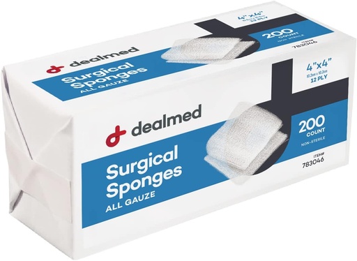 [BRSWYGI2AUARYFI4] Dealmed 4" x 4" Surgical Sponges, 12-Ply, Absorbent Woven Gauze Pads, Non-Sterile Wound Care for First Aid Kit and Medical Facilities, 200 Count (Pack of 1)