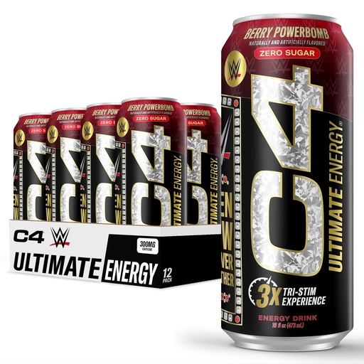[BRSROAQZOR4BEEYZ] C4 Ultimate x WWE | 300mg Caffeine Sugar Free Energy Drink | Berry Powerbomb| 16oz (Pack of 12)