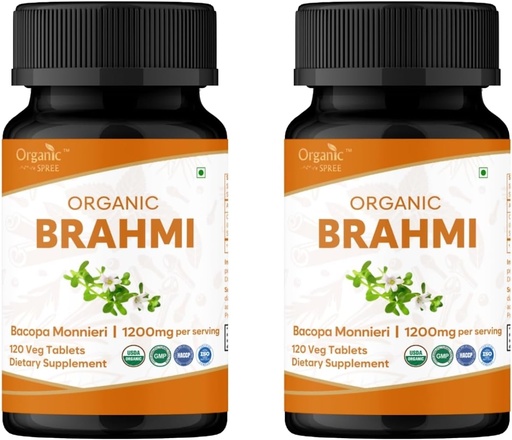 [BRSRAAQPB4NGOE36] Brahmi 120 Comprimés – Supplément biologique de Bacopa Monnieri de l'USDA – Soutient Focus, Calme et Mémoire – Nootrope à base de plantes* - Pack de 2