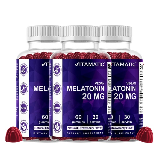 [BRSW2CQOCEJR4FLU] Vitamatic Melatonin 20 mg Gummies for Adults, 3, Pack, 30 Servings - 60 Vegetarian Gummies Each - Non-Habit Forming Supplement, 90 Servings 180 Vegetarian Gummies Total
