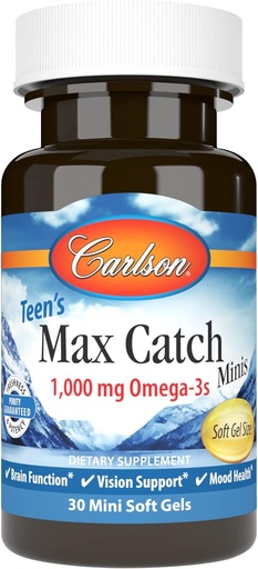 [BRSWGBITDN6R4D3U] Carlson - Teens Max Catch Minis, 1000 mg Omega- 3s, Brain Health, Vision Support, Mood Health, 30 Softgels