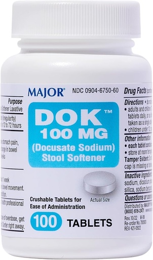 [BRSWGFAEBANWYCQV] DOCUSAT MAJOR Sodiu 100 mg - Stool Softner Tablets for Constipation Relief - Ajuta la oprirea constipației - Stool Softeners pentru femei, bărbați și copii Vârsta 12+ - 100 comprimate (1 ambalaj)