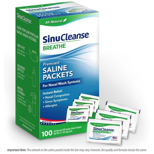 [BRSWIYAHAQDBWC3U] SinuCleanse Pre-Mixed Saline Packets for Sinus Rinse and Nasal Irrigation Systems, 100 Count, Made in USA, All-Natural, Pharmaceutical Grade and PH Balanced