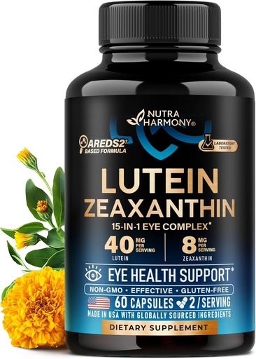 [BRSRAEA3AABGY33H] Begi-bitaminak - Lutein eta Zeaxanthin Gehigarriak - AREDS2 Helduentzat Oinarritutako Gehigarria - Eye Health & Vision Support - Saffron, Zinc, Bitaminak, Copper, Super Greens - Estatu Batuetan egina, 60 kapsula